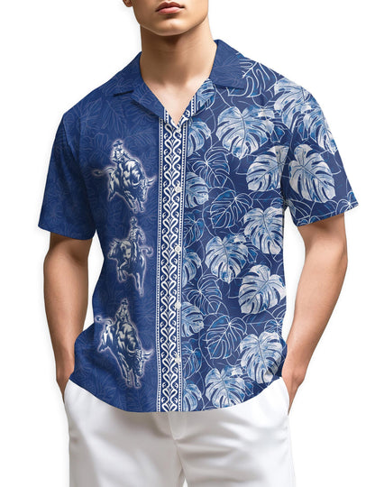 Azhawaiian Bull Riding White Leaves Hawaiian Shirt for Men