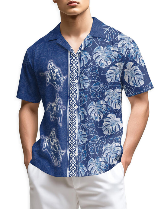 Azhawaiian Bull Riding White Leaves Hawaiian Shirt for Men