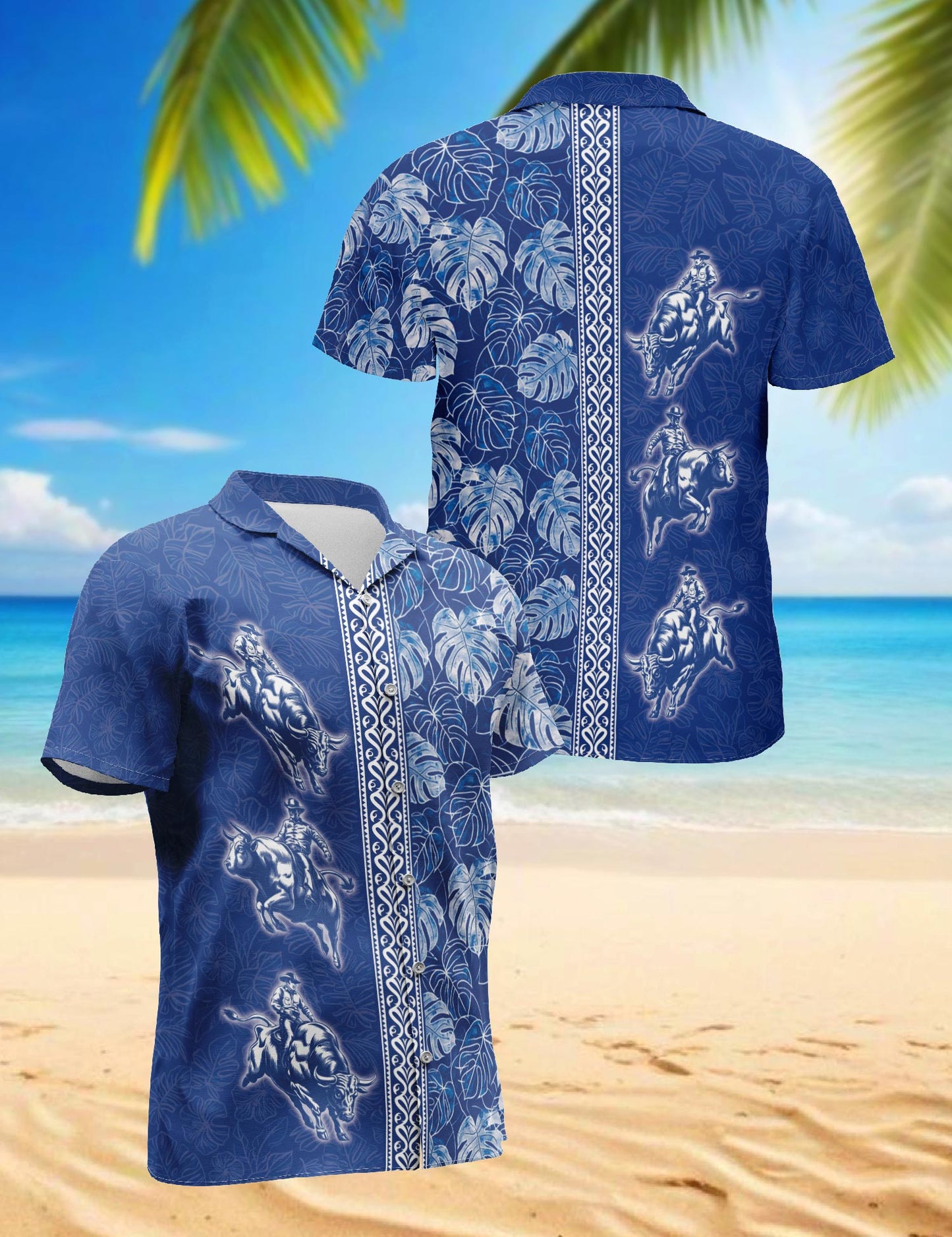 Bull Riding White Leaves Hawaiian Shirt for Men, Button Down Aloha Shirt - Azhawaiian