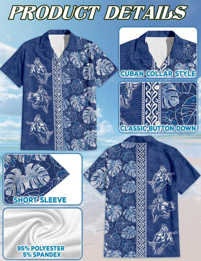 Bull Riding White Leaves Hawaiian Shirt for Men, Button Down Aloha Shirt - Azhawaiian