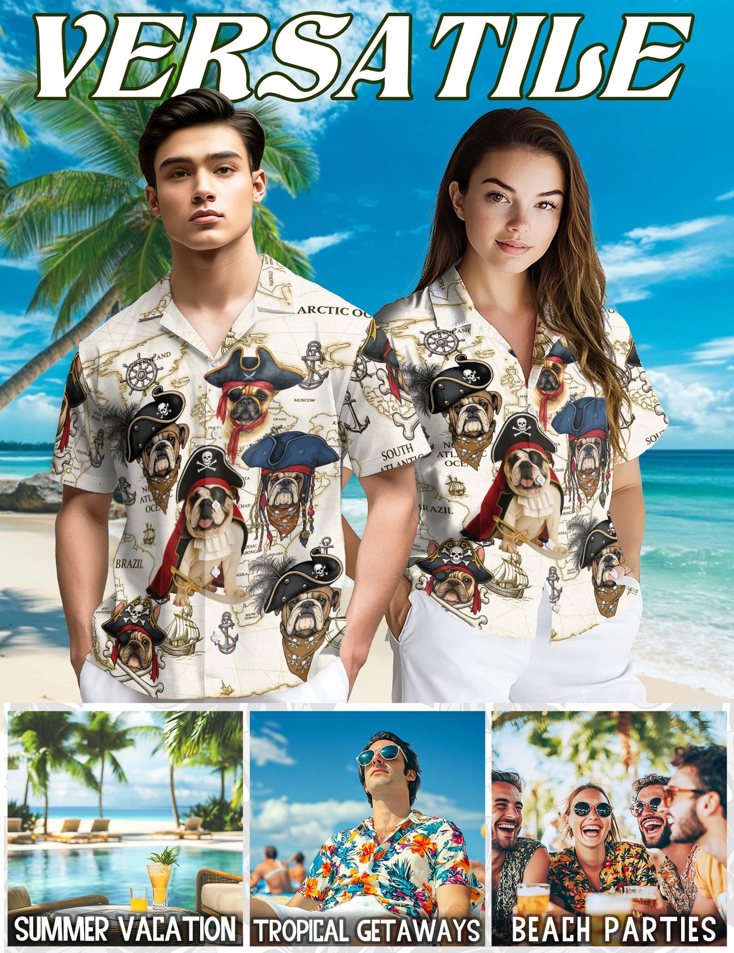 Bulldog Pirate Hawaiian Shirt for Men, Button Down Aloha Shirt - Azhawaiian
