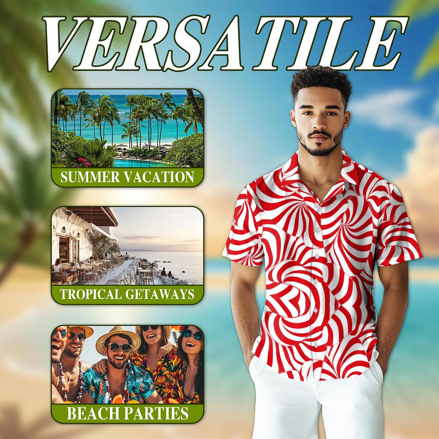 Candy Cane Pattern Hawaiian Shirt for Men, Button Down Aloha Shirt - Azhawaiian