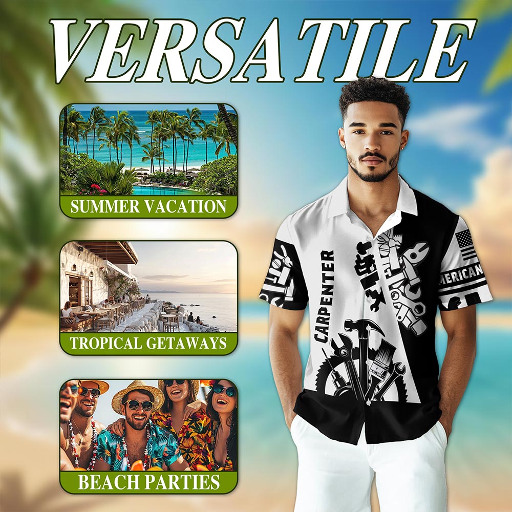 Carpenter Black White 3D Hawaiian Shirt for Men, Button Down Aloha Shirt - Azhawaiian