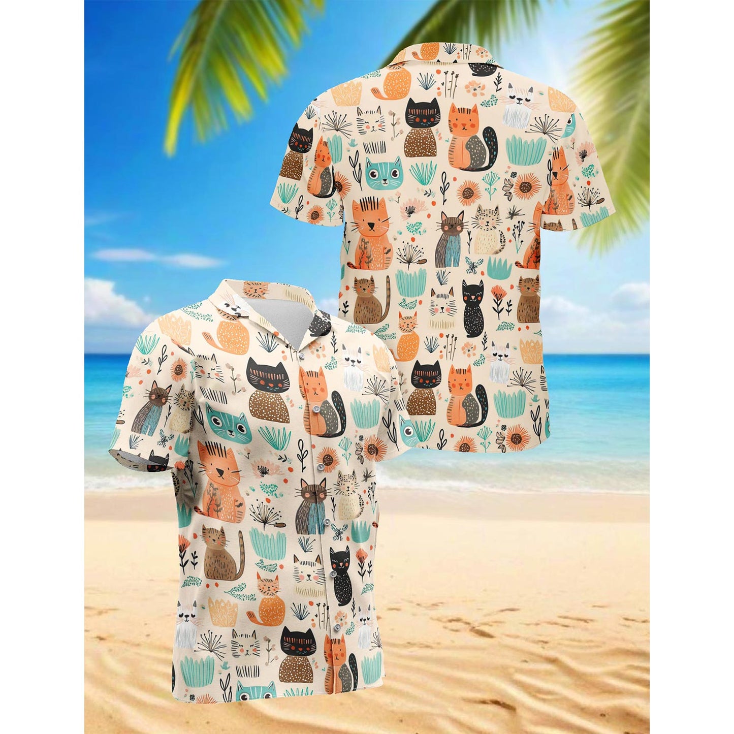 Cat Abstract Trees and Flowers Hawaiian Shirt for Men, Button Down Aloha Shirt - Azhawaiian