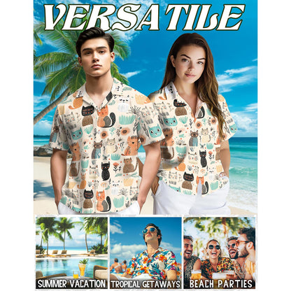 Cat Abstract Trees and Flowers Hawaiian Shirt for Men, Button Down Aloha Shirt - Azhawaiian
