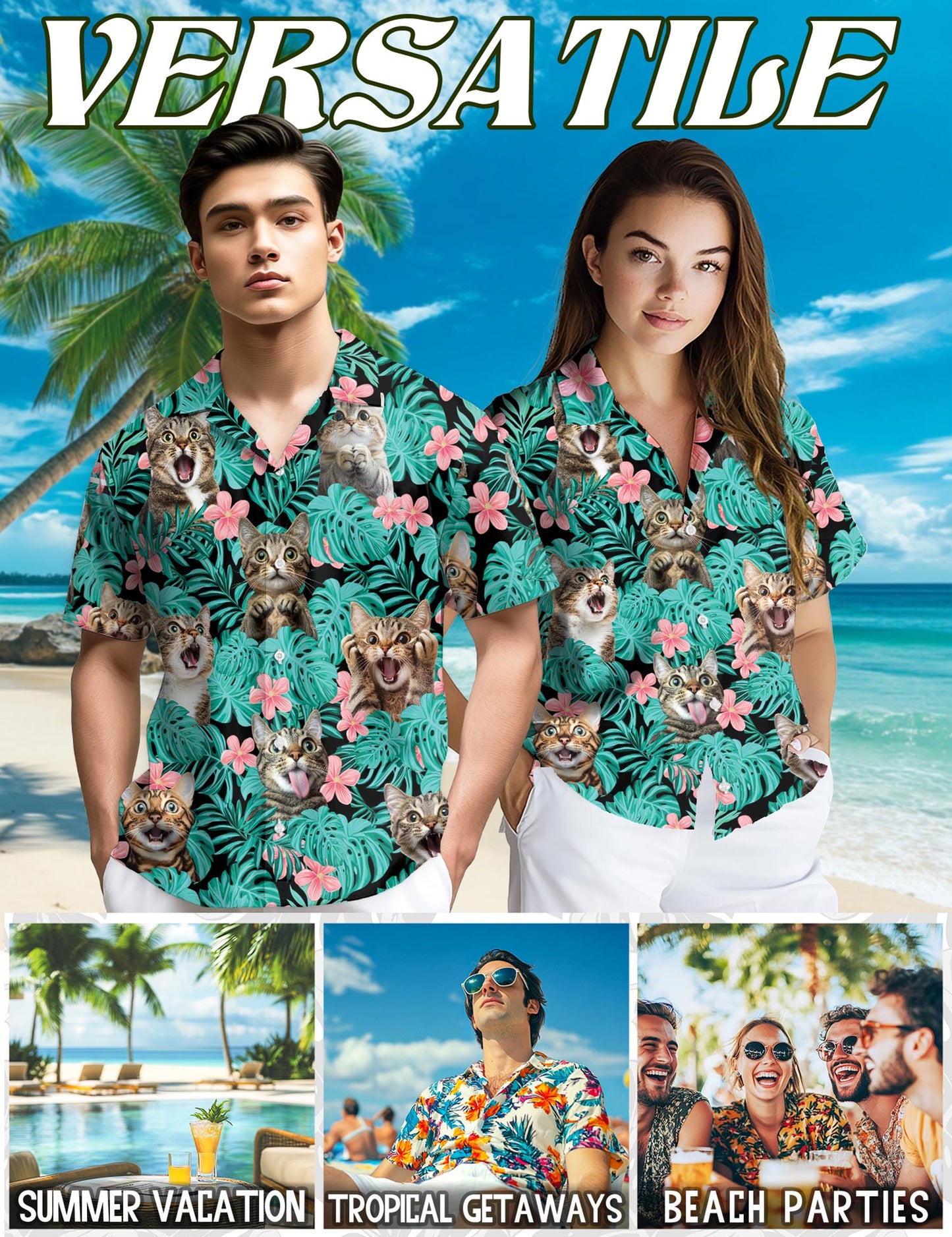 Cat And Flower Hawaiian Shirt for Men, Button Down Aloha Shirt - Azhawaiian