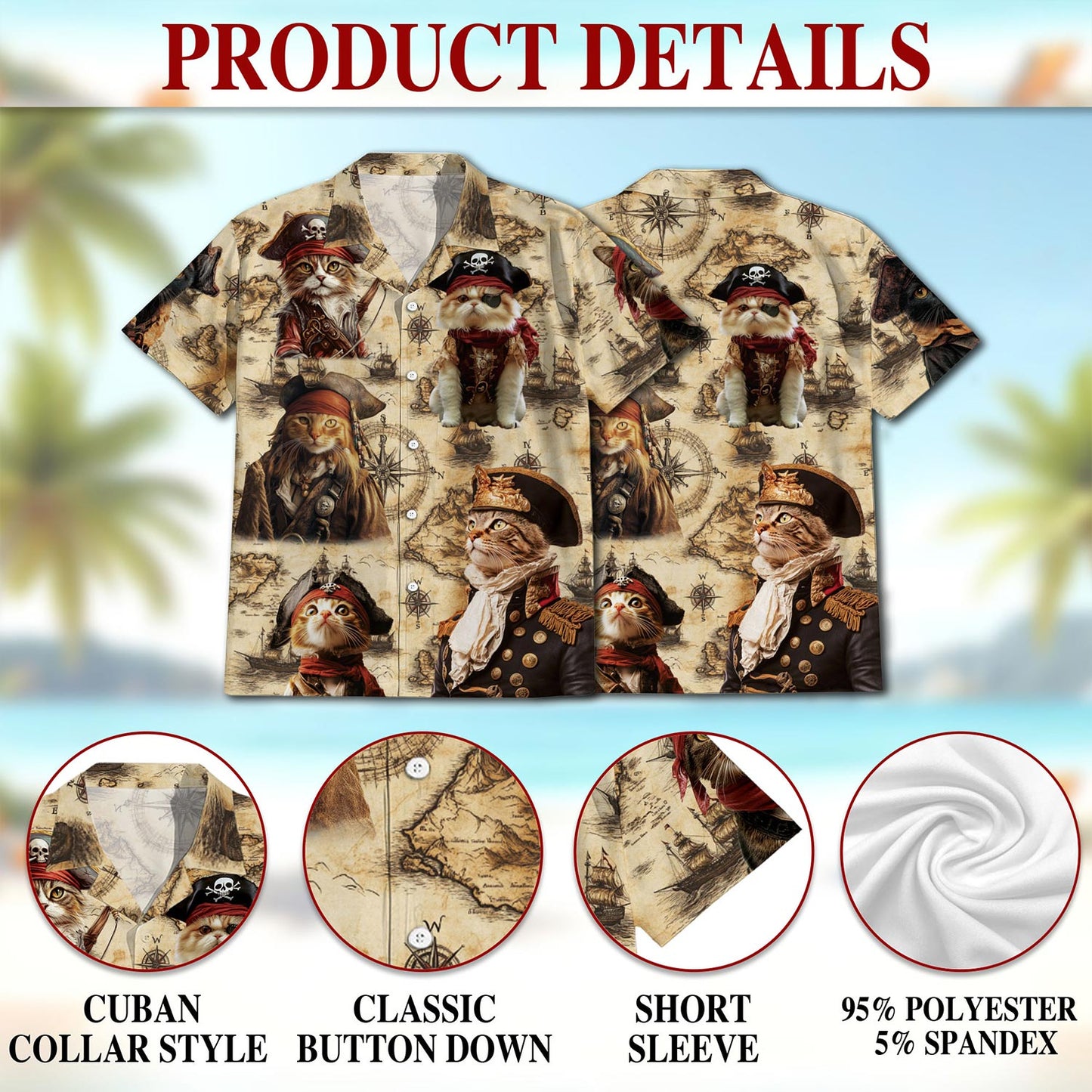 Cat Pirate Hawaiian Shirt for Men, Button Down Aloha Shirt - Azhawaiian
