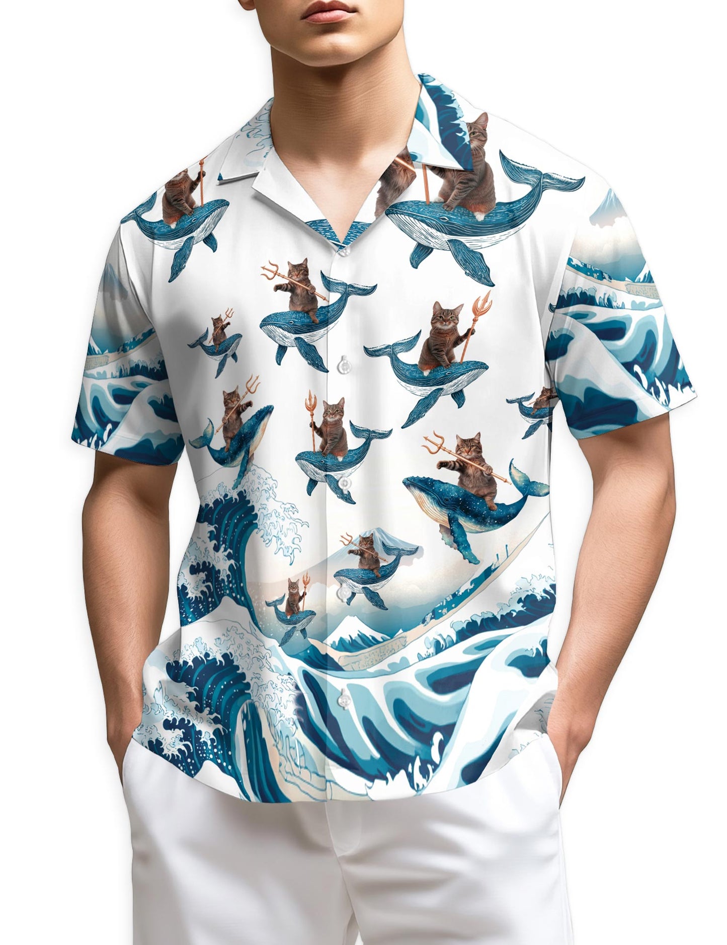 Azhawaiian Cat Riding Whale Hawaiian Shirt for Men