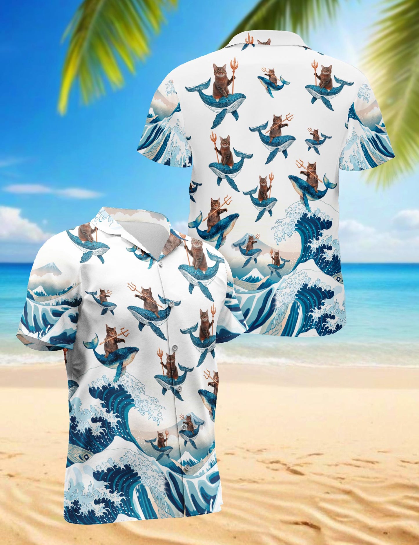 Cat Riding Whale Hawaiian Shirt for Men, Button Down Aloha Shirt - Azhawaiian