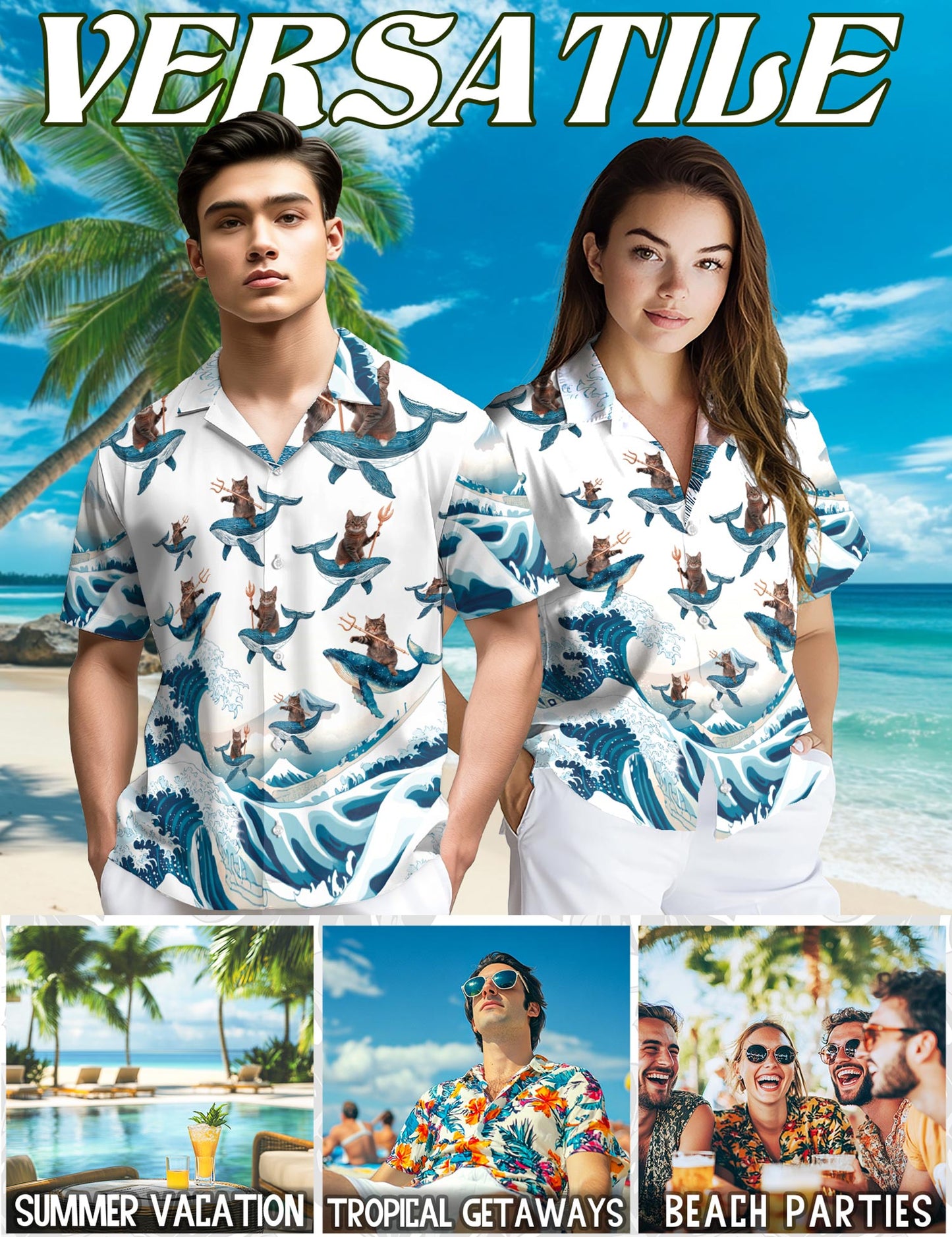 Cat Riding Whale Hawaiian Shirt for Men, Button Down Aloha Shirt - Azhawaiian