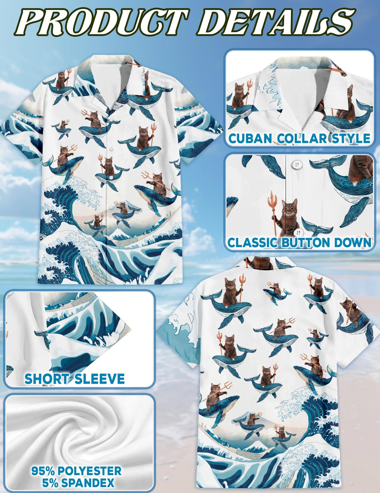 Cat Riding Whale Hawaiian Shirt for Men, Button Down Aloha Shirt - Azhawaiian