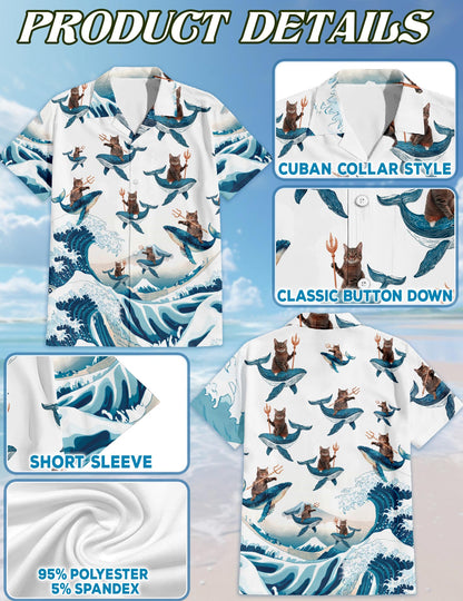 Cat Riding Whale Hawaiian Shirt for Men, Button Down Aloha Shirt - Azhawaiian
