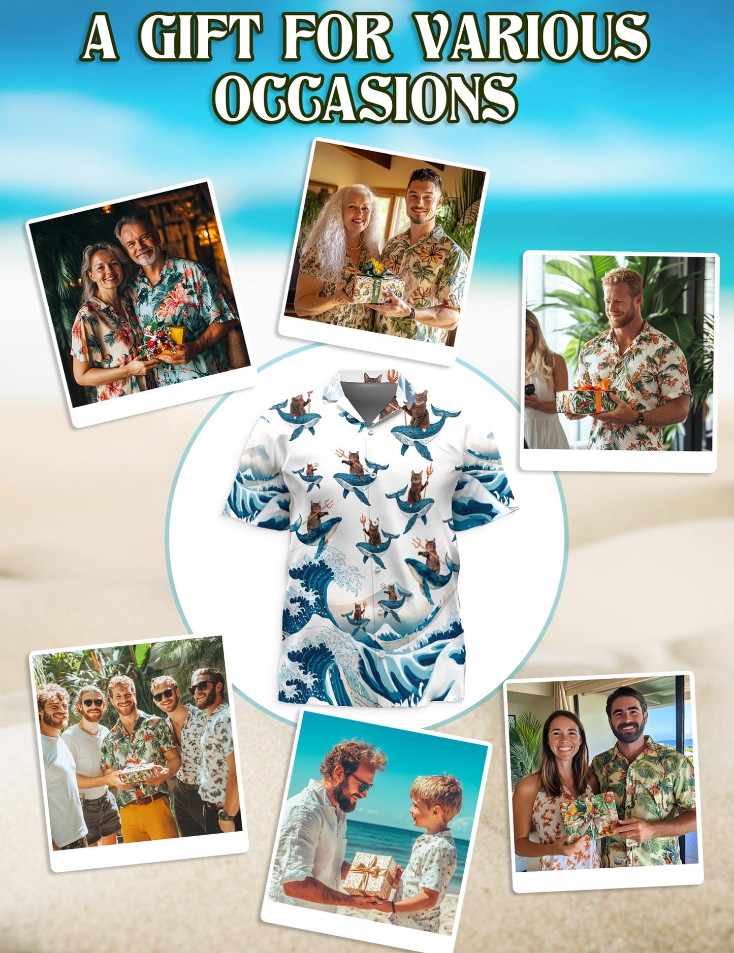 Cat Riding Whale Hawaiian Shirt for Men, Button Down Aloha Shirt - Azhawaiian
