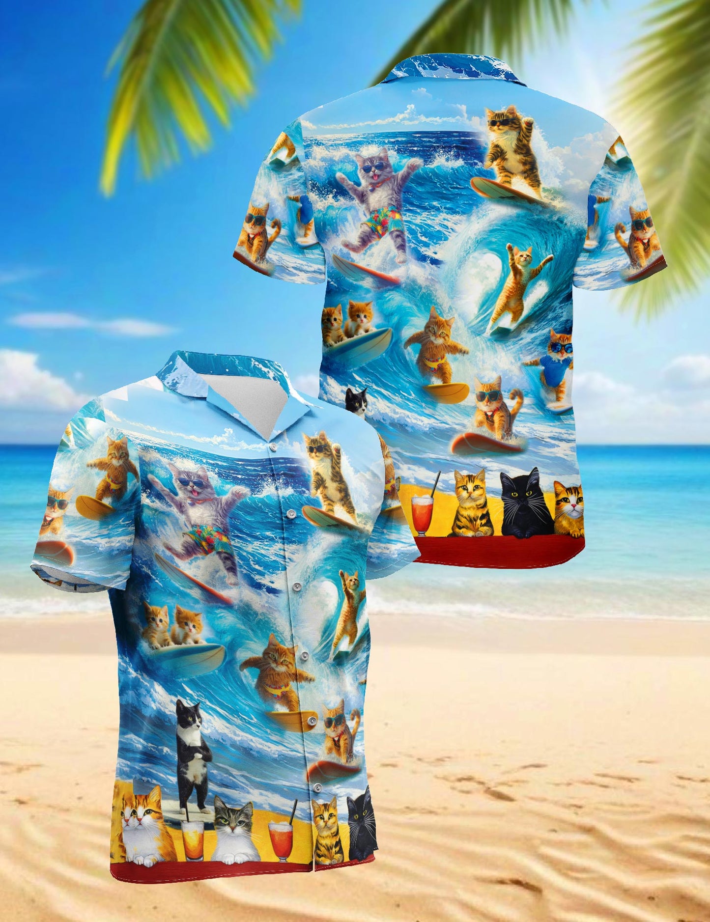 Cat Surfing Hawaiian Shirt for Men, Button Down Aloha Shirt - Azhawaiian