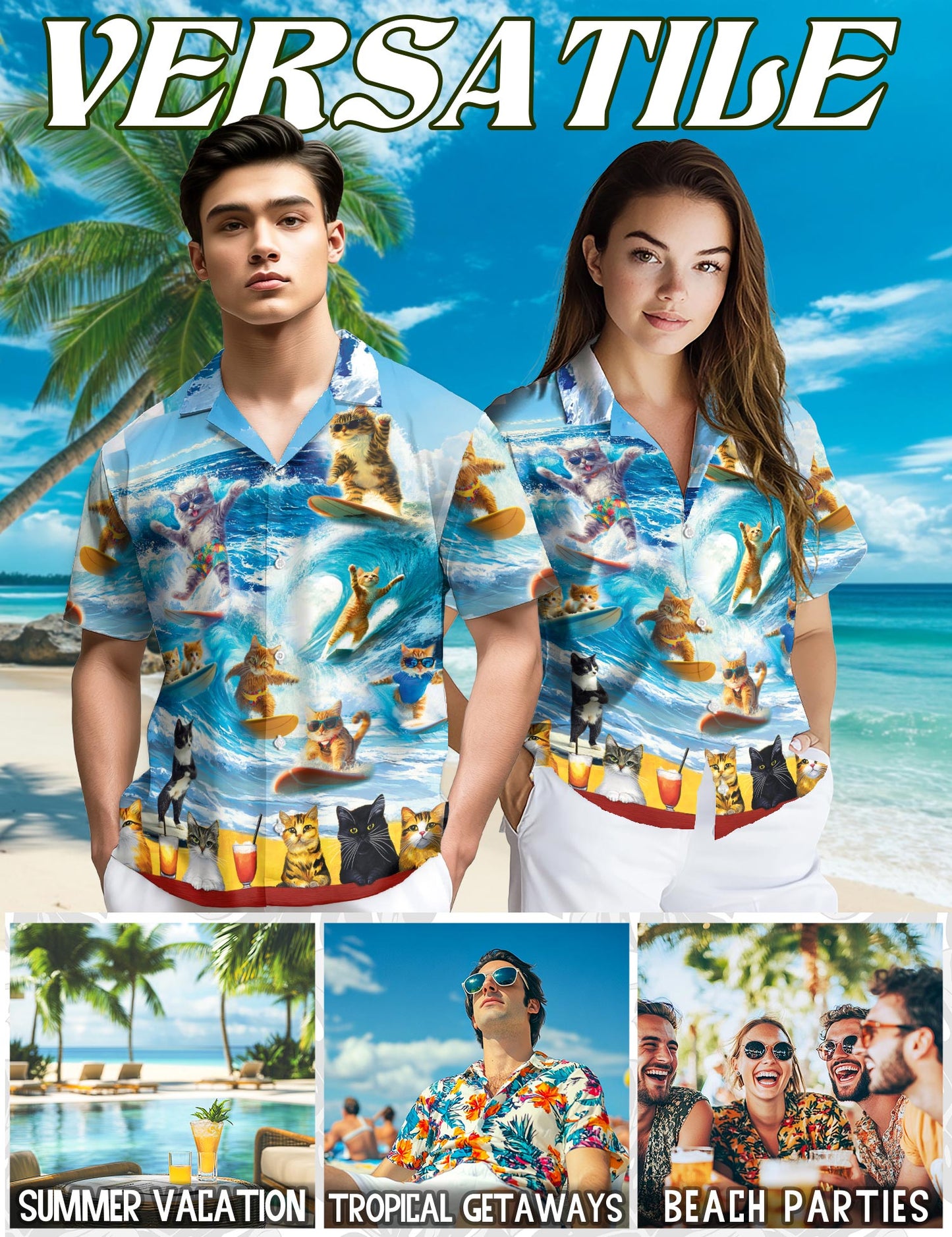 Cat Surfing Hawaiian Shirt for Men, Button Down Aloha Shirt - Azhawaiian