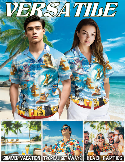 Cat Surfing Hawaiian Shirt for Men, Button Down Aloha Shirt - Azhawaiian