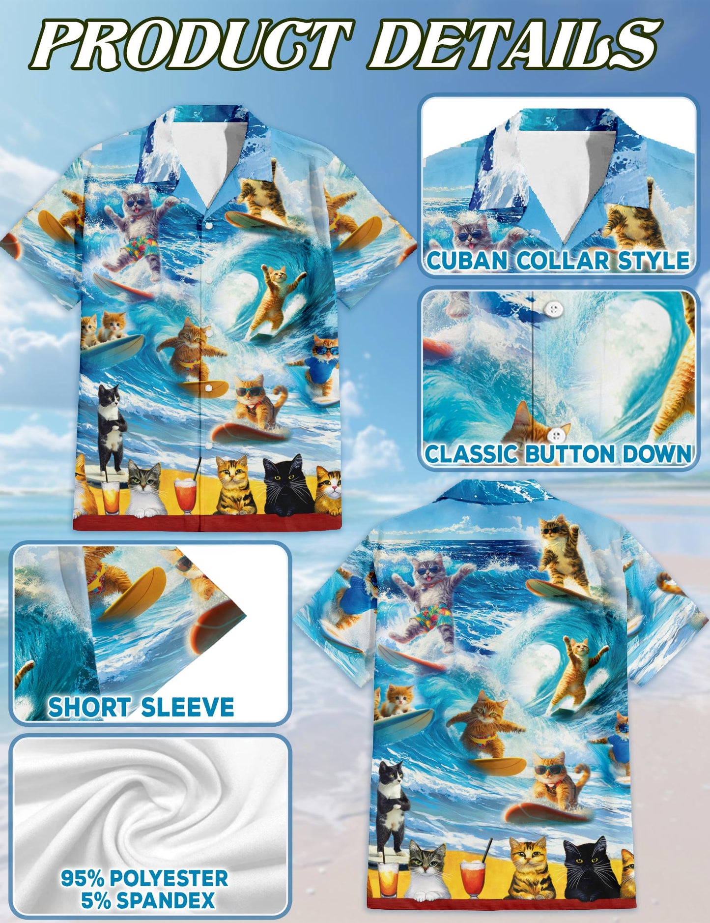 Cat Surfing Hawaiian Shirt for Men, Button Down Aloha Shirt - Azhawaiian