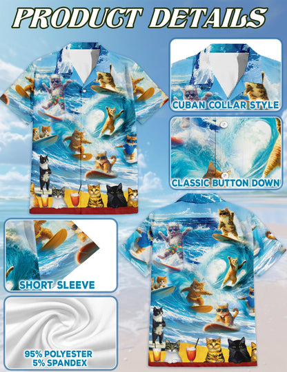 Cat Surfing Hawaiian Shirt for Men, Button Down Aloha Shirt - Azhawaiian