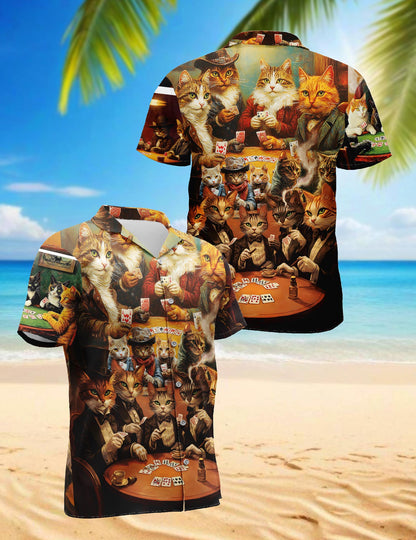 Cats Playing Poker Hawaiian Shirt for Men, Button Down Aloha Shirt - Azhawaiian