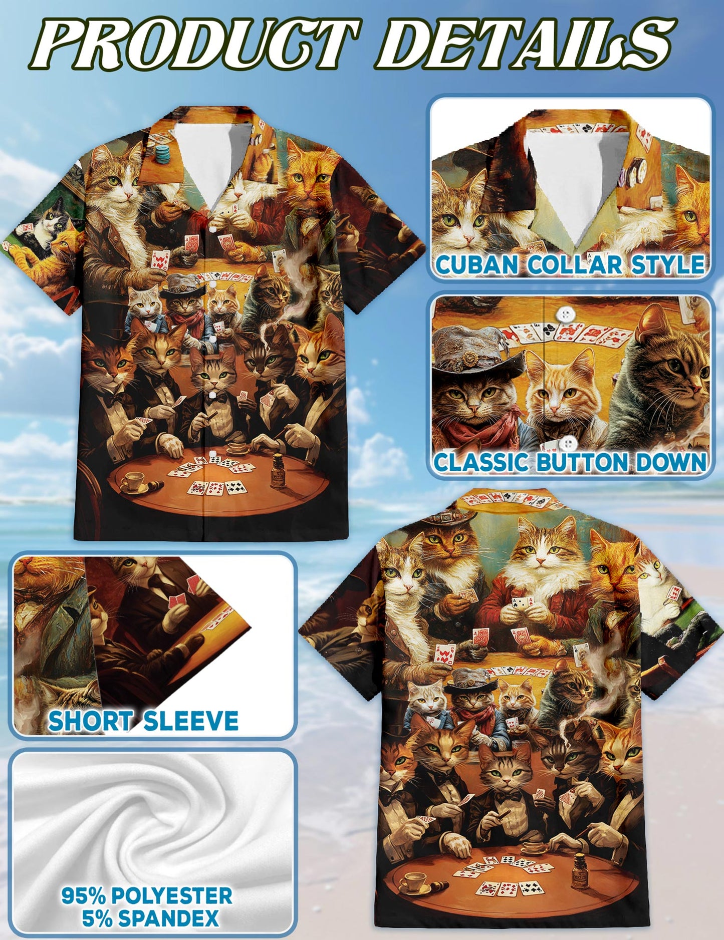 Cats Playing Poker Hawaiian Shirt for Men, Button Down Aloha Shirt - Azhawaiian