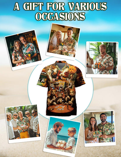 Cats Playing Poker Hawaiian Shirt for Men, Button Down Aloha Shirt - Azhawaiian