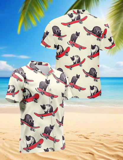Cats Playing Skateboarding Hawaiian Shirt for Men, Button Down Aloha Shirt - Azhawaiian