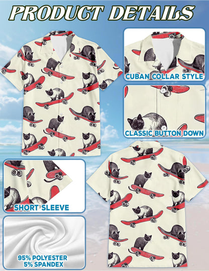 Cats Playing Skateboarding Hawaiian Shirt for Men, Button Down Aloha Shirt - Azhawaiian