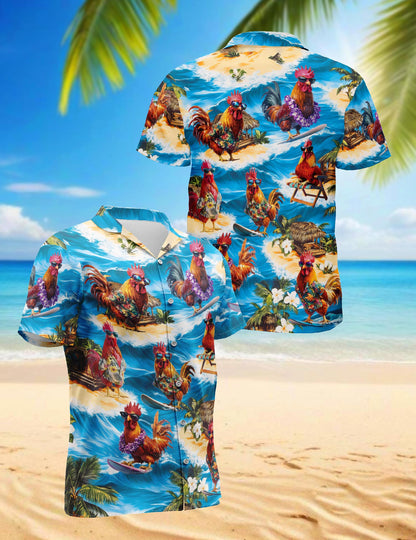 Chicken Surfing Hawaiian Shirt for Men, Button Down Aloha Shirt - Azhawaiian