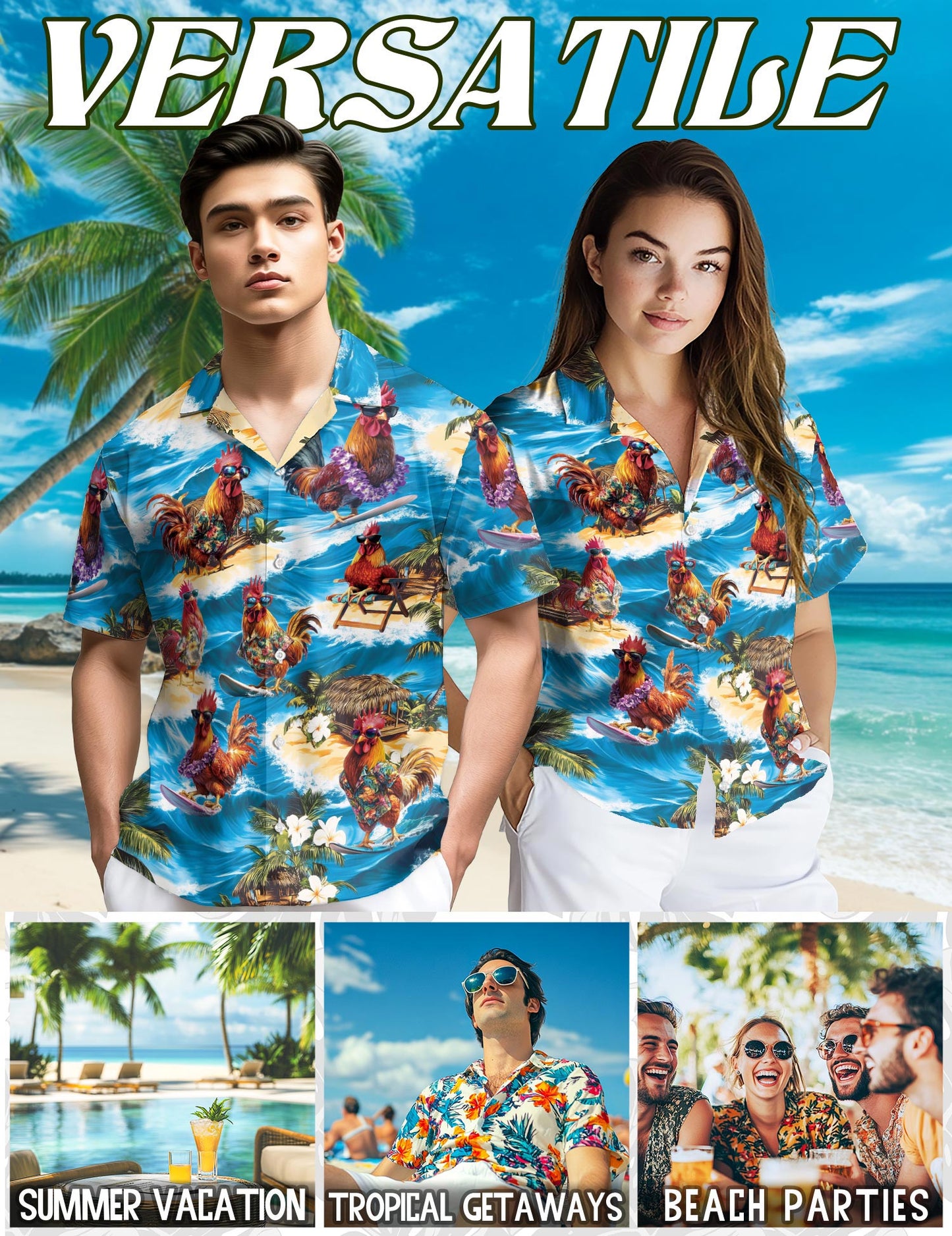 Chicken Surfing Hawaiian Shirt for Men, Button Down Aloha Shirt - Azhawaiian