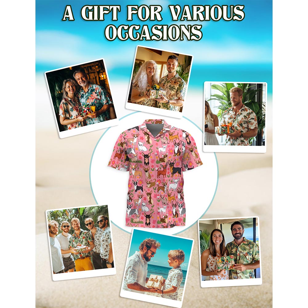 Chihuahua with Flowers Hawaiian Shirt for Men, Button Down Aloha Shirt - Azhawaiian