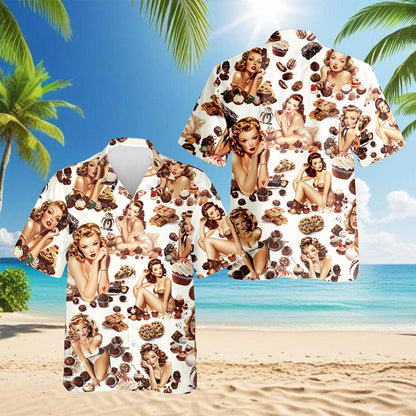 Chocolate Candy Desert Pinup Girl Hawaiian Shirt for Men, Button Down Aloha Shirt - Azhawaiian