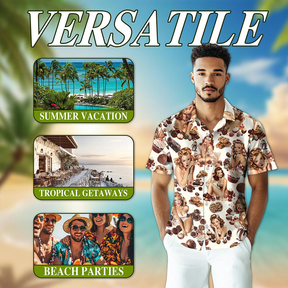 Chocolate Candy Desert Pinup Girl Hawaiian Shirt for Men, Button Down Aloha Shirt - Azhawaiian