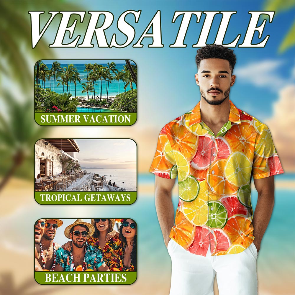 Citrus Fruits Print Hawaiian Shirt for Men, Button Down Aloha Shirt - Azhawaiian