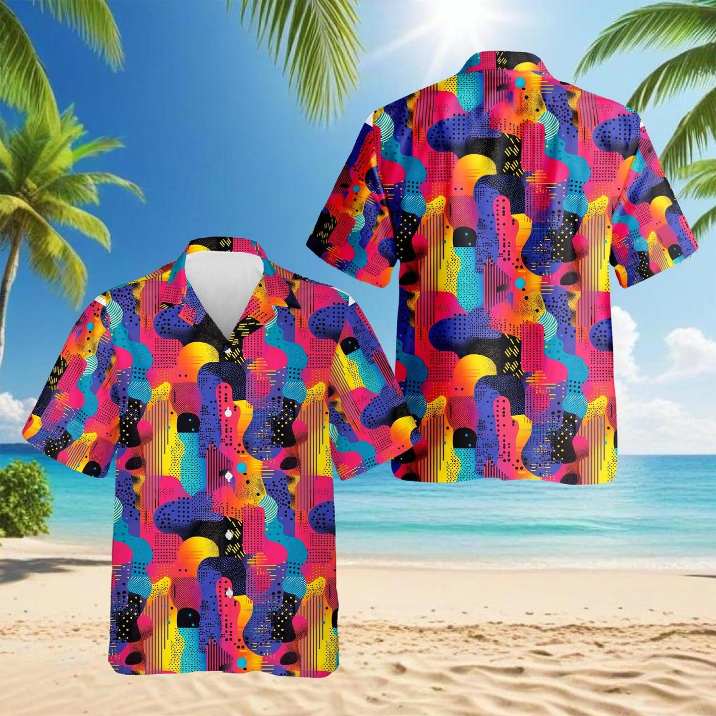 Classic 80s Color Splash Hawaiian Shirt for Men, Button Down Aloha Shirt - Azhawaiian