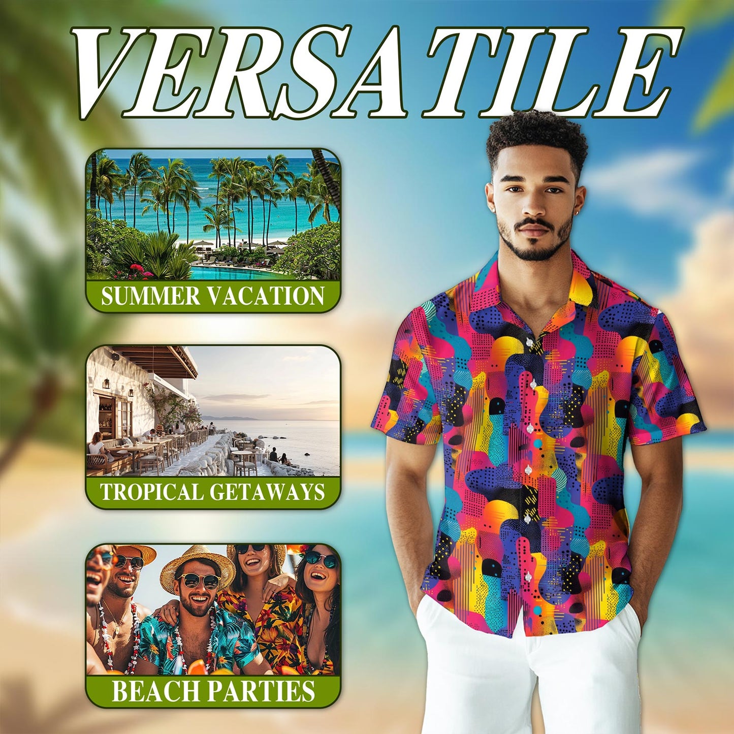 Classic 80s Color Splash Hawaiian Shirt for Men, Button Down Aloha Shirt - Azhawaiian