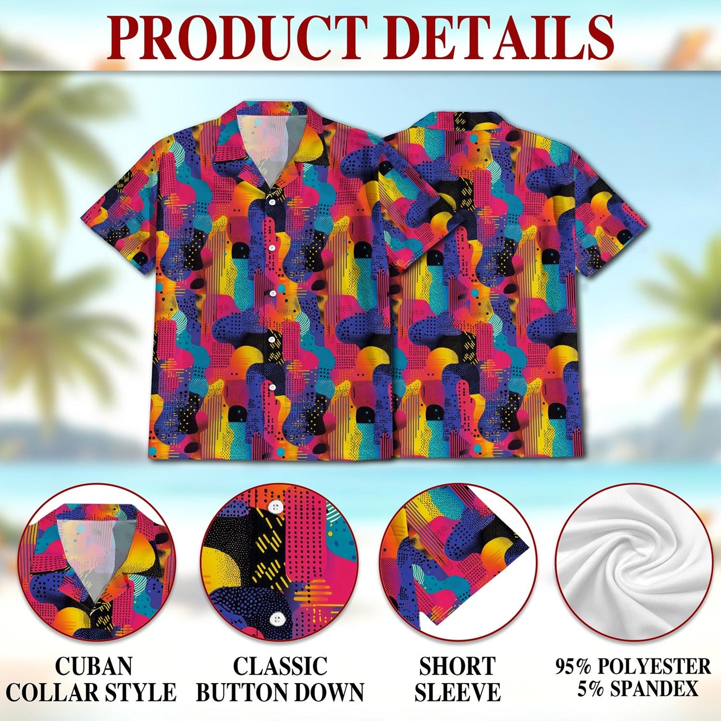 Classic 80s Color Splash Hawaiian Shirt for Men, Button Down Aloha Shirt - Azhawaiian
