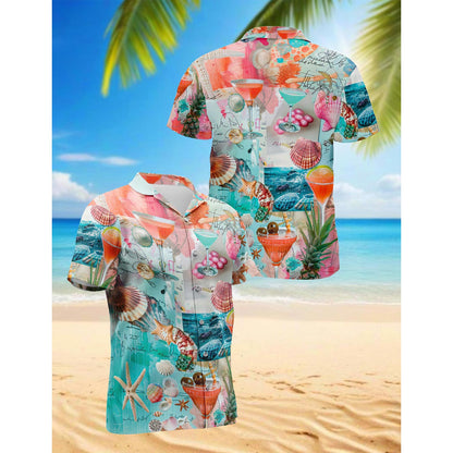 Coctail Summer Hawaiian Shirt for Men, Button Down Aloha Shirt - Azhawaiian