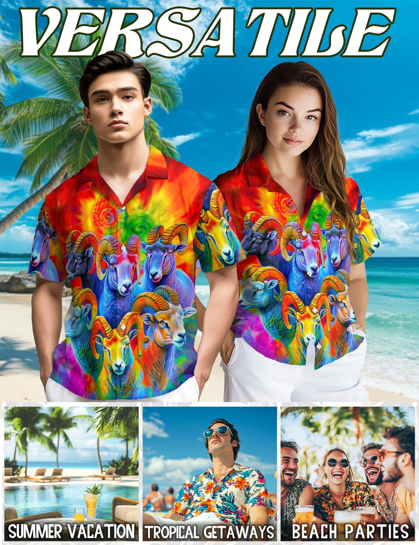 Colorful Bighorn Sheep Hawaiian Shirt for Men, Button Down Aloha Shirt - Azhawaiian