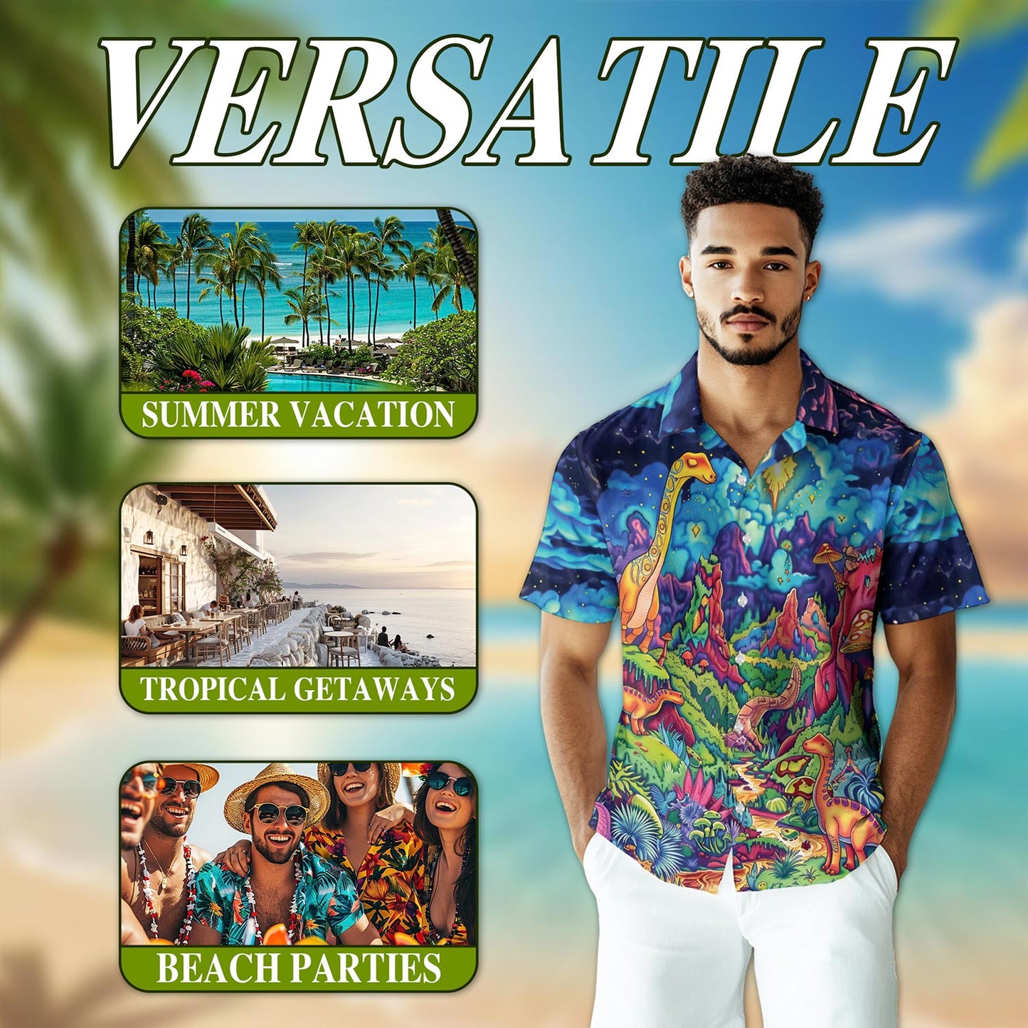 Colorful Dinosaurs Hawaiian Shirt for Men, Button Down Aloha Shirt - Azhawaiian