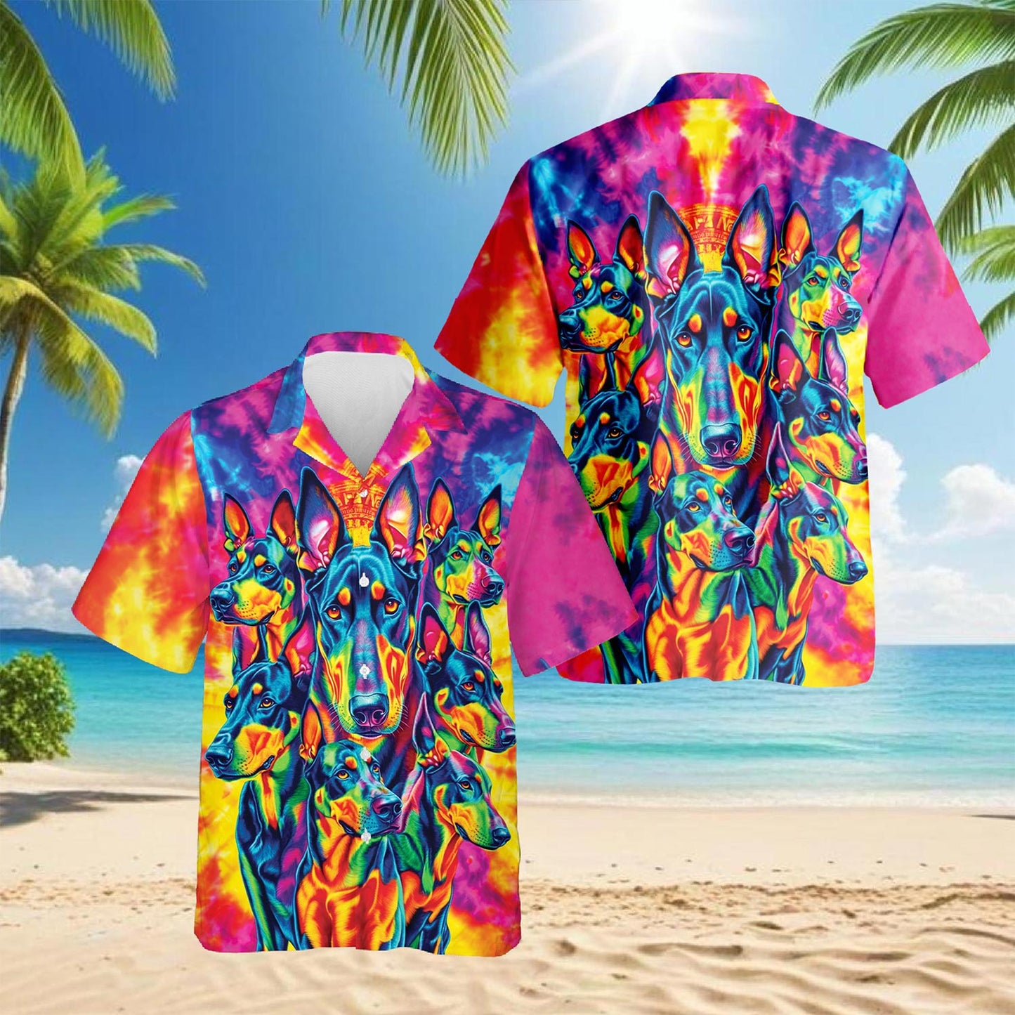 Colorful Doberman Pinscher Hawaiian Shirt for Men, Button Down Aloha Shirt - Azhawaiian