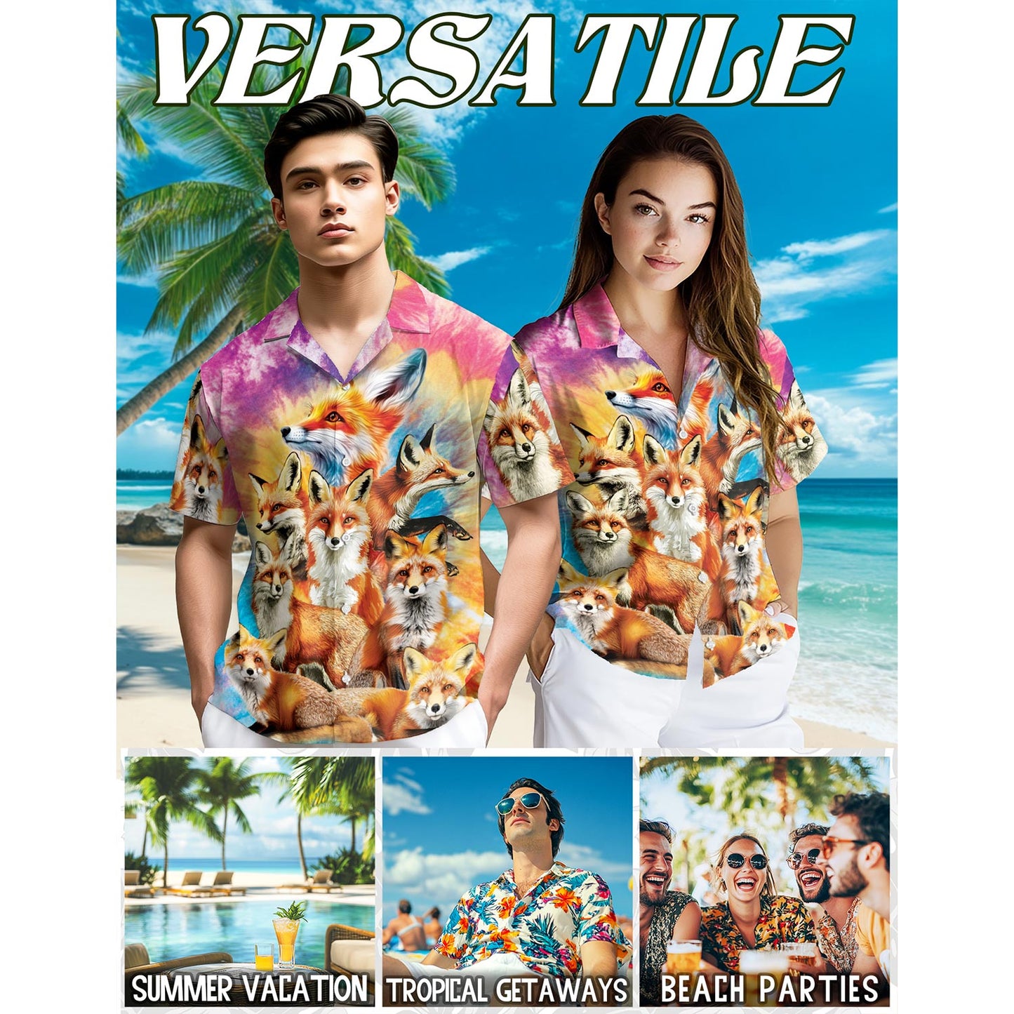 Colorful Fox Hawaiian Shirt for Men, Button Down Aloha Shirt - Azhawaiian