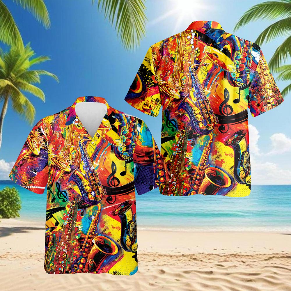 Colorful Saxophone Hawaiian Shirt for Men, Button Down Aloha Shirt - Azhawaiian