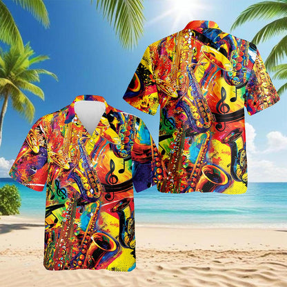Colorful Saxophone Hawaiian Shirt for Men, Button Down Aloha Shirt - Azhawaiian