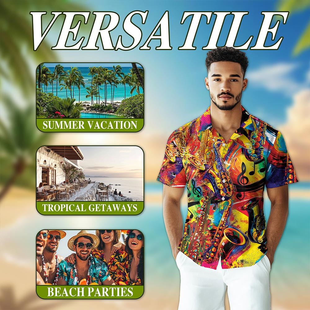 Colorful Saxophone Hawaiian Shirt for Men, Button Down Aloha Shirt - Azhawaiian
