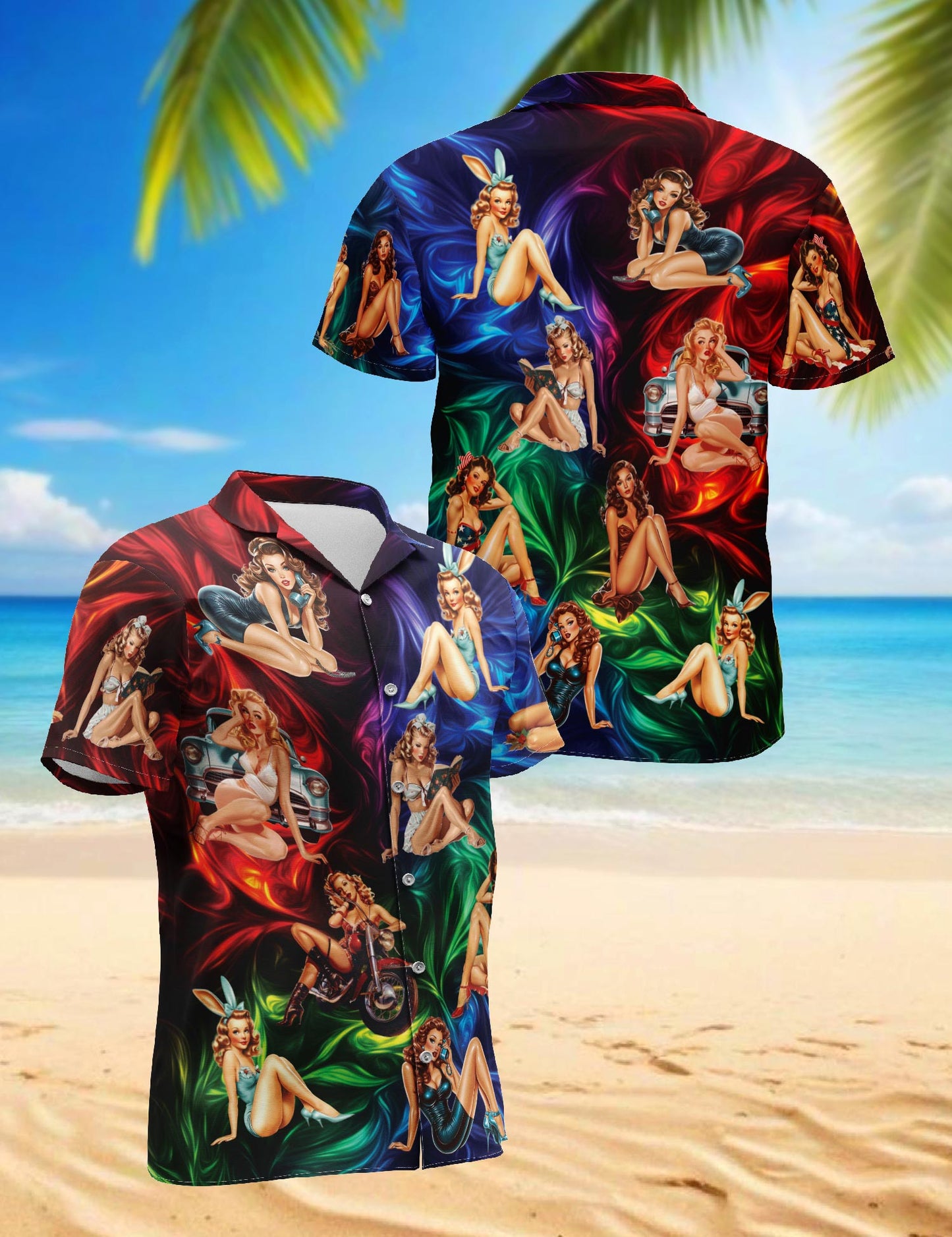 Colorful Sexy Retro Girls Hawaiian Shirt for Men, Button Down Aloha Shirt - Azhawaiian