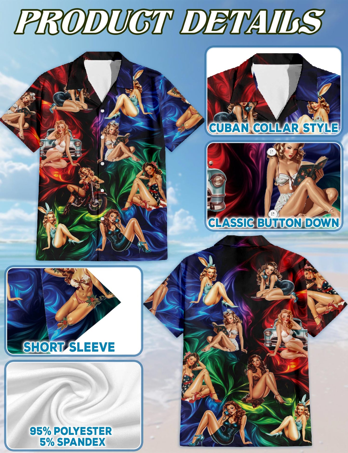 Colorful Sexy Retro Girls Hawaiian Shirt for Men, Button Down Aloha Shirt - Azhawaiian