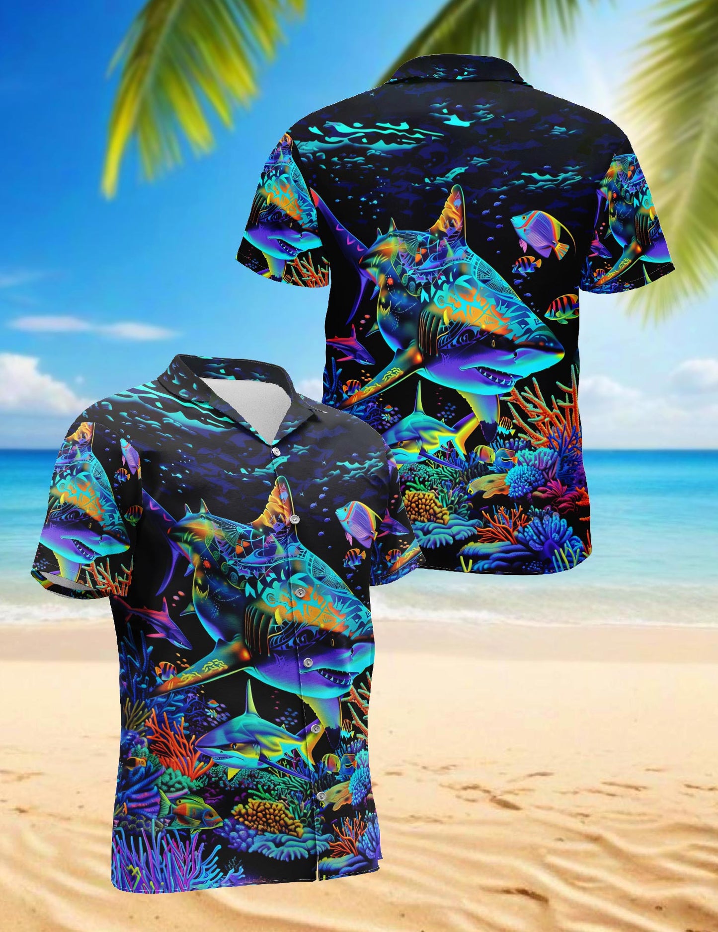 Colorful Shark Hawaiian Shirt for Men, Button Down Aloha Shirt - Azhawaiian