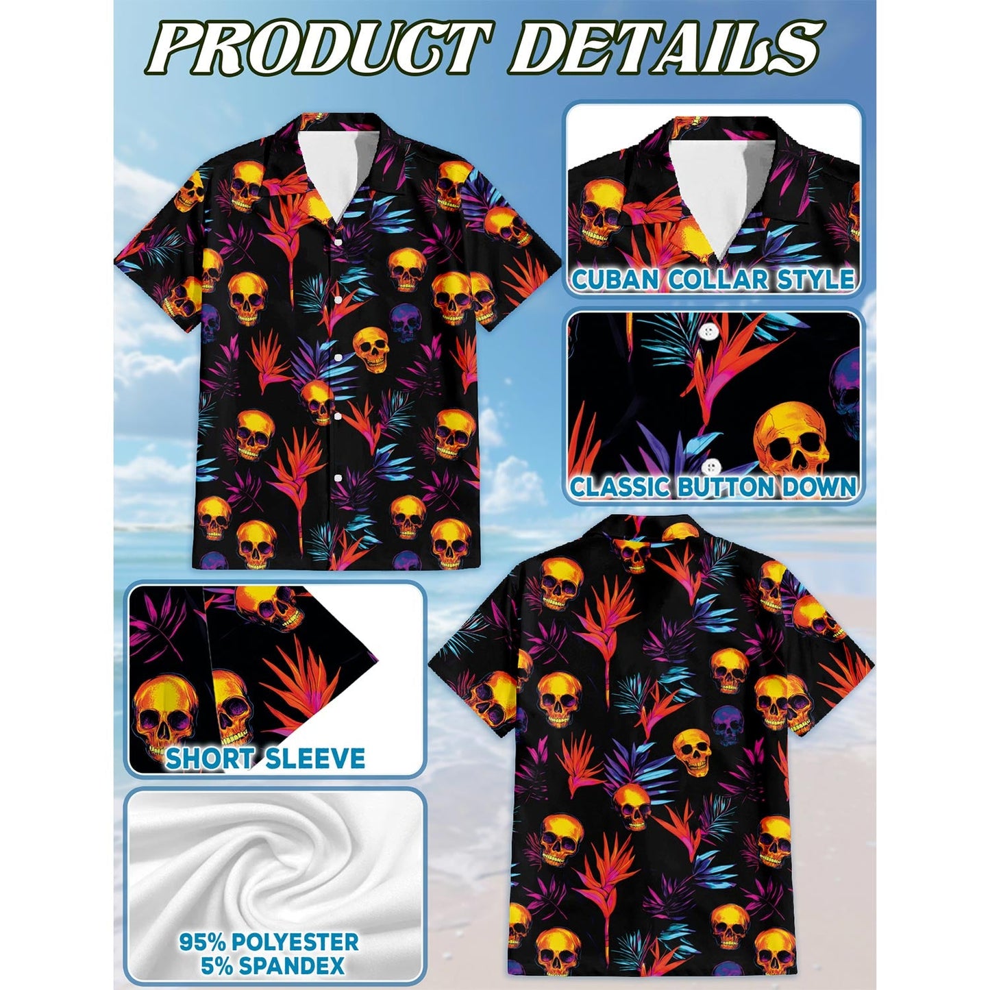 Colorful Skull Spooky Hawaiian Shirt for Men, Button Down Aloha Shirt - Azhawaiian