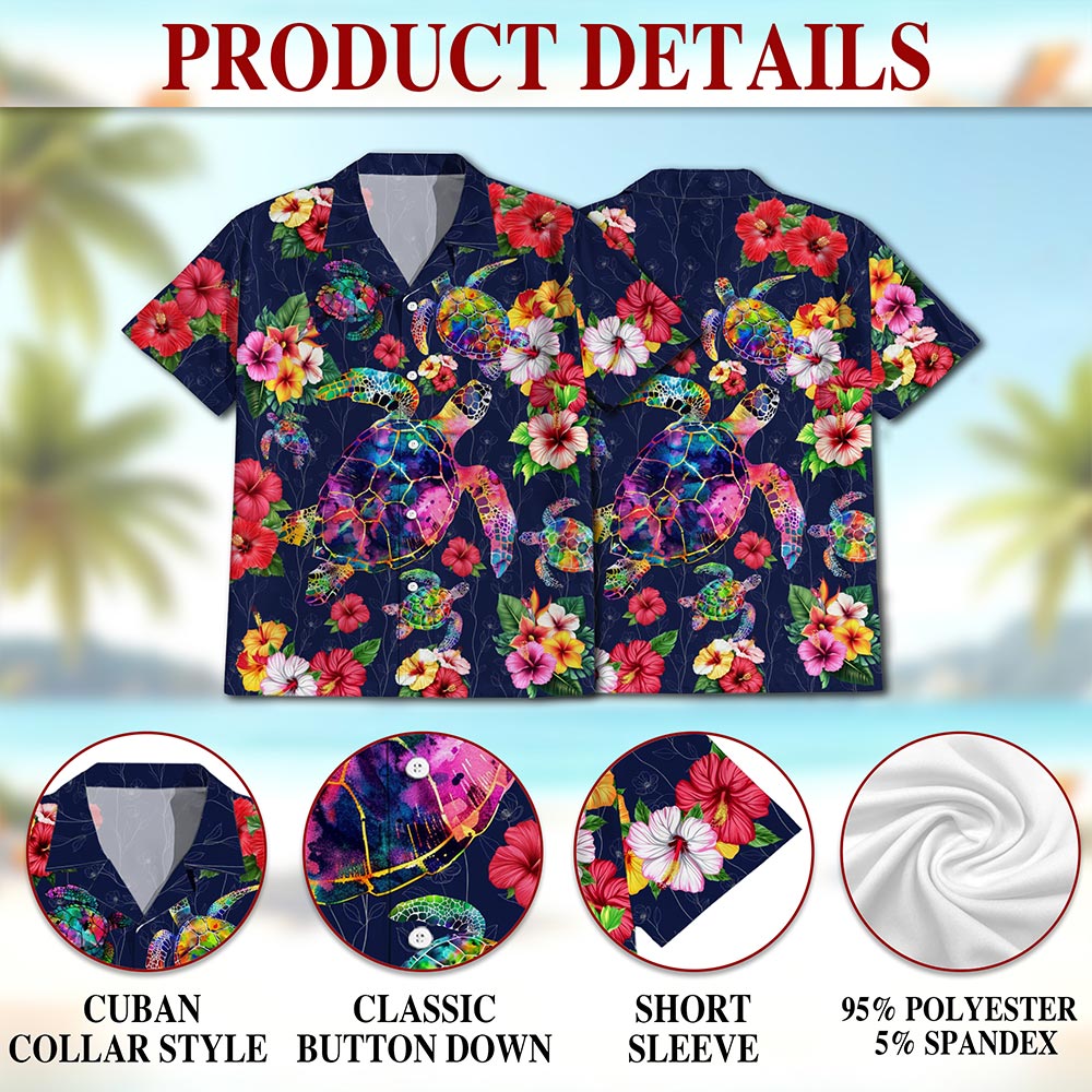 Colorful Turtle Floral Hawaiian Shirt for Men, Button Down Aloha Shirt - Azhawaiian