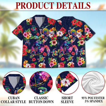 Colorful Turtle Floral Hawaiian Shirt for Men, Button Down Aloha Shirt - Azhawaiian